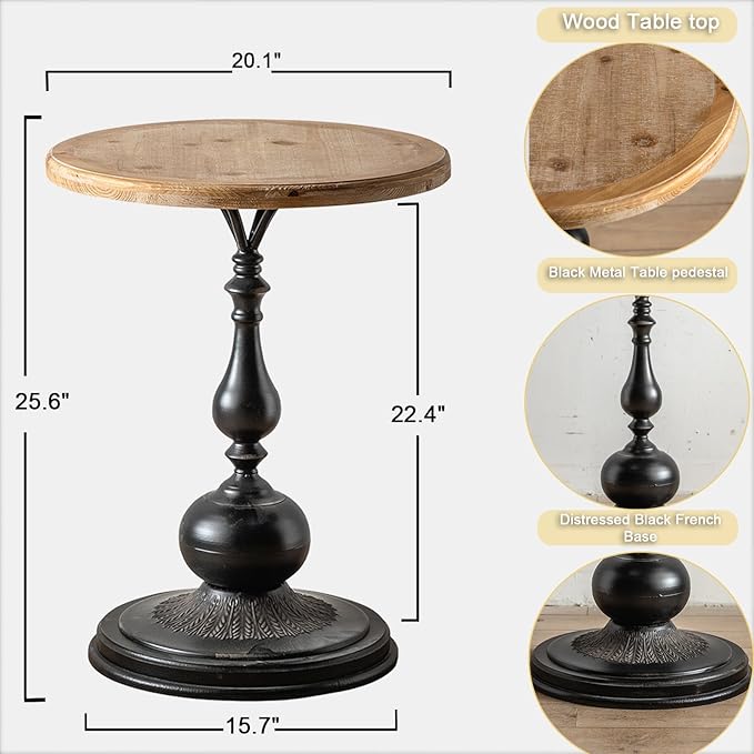 Round End Table Living Room, Vintage Side Table, Farmhouse Pedestal Table for Bedroom, Retro Wood Accent Tables for Home Decor, Patio Black