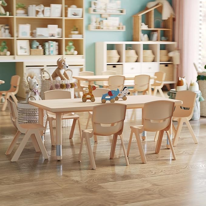 Flash Furniture Adjustable Classroom Activity Table with 6 Stackable Chairs, Rectangular Plastic Activity Table for Kids, 24" W x 48" L, Natural