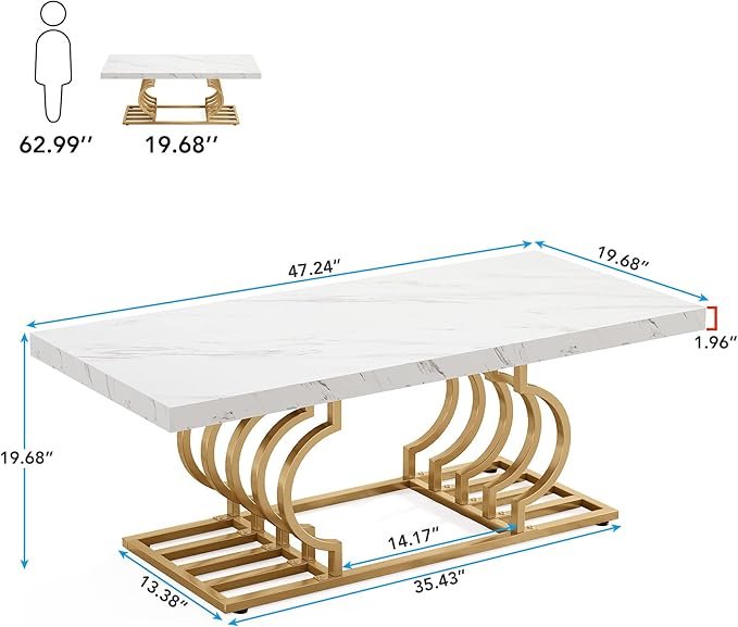 Tribesigns Modern Coffee Table, 47 Inch Faux Marble Cocktail Table with Geometric Frame, Rectangular Center Table Tea Table Accent Furniture for Living Room, Simple Assembly (White/Gold)