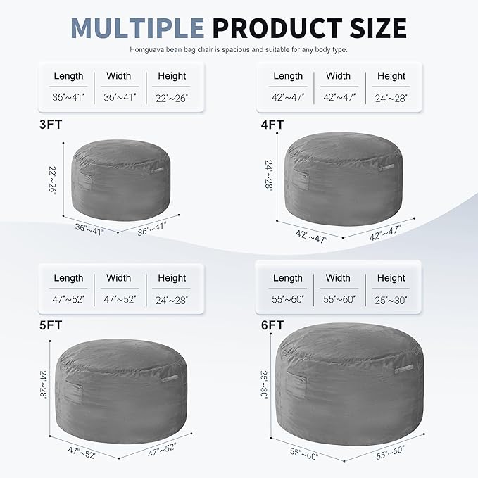 Homguava 3FT Bean Bag Chair: 3' Bean Bags with Memory Foam Filled, Large Beanbag Chairs Soft Sofa with Dutch Velvet Cover-Grey
