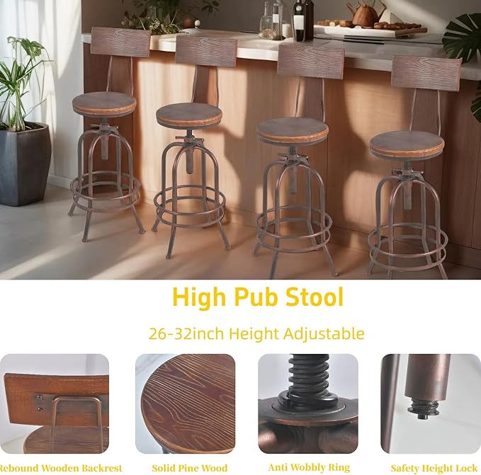 Set of 2-Industrial Bar Stools-Swivel Wooden Seat-Bar Counter Height Adjustable 26-32.2inch-Kitchen Dining Chairs