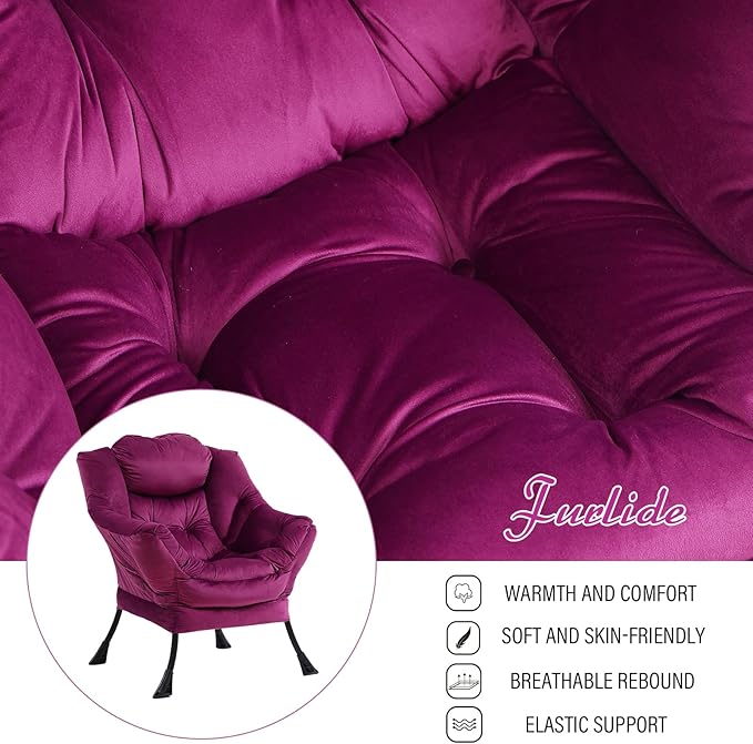 Lazy Chair with Ottoman, Modern Chair with Folding Footrest, Lounge Accent Chair, Comfortable Reading Chair (Velvet Dark Purple)