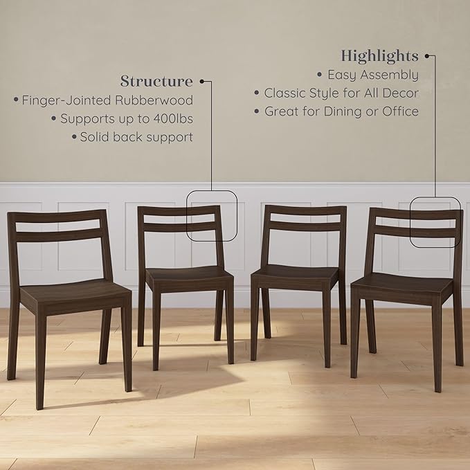 Grain & Grove Davie Dining Room Chairs Set of 4, Solid Wood Modern Kitchen Chair for Living Room, Kitchen, Walnut