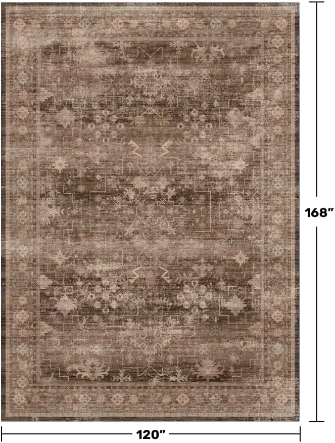 Brown Rug for Living Room 10x14 - Extra Large Vintage Western Unique Neutral Taupe, Washable Low Pile Non-Slip Soft Thin Area Rug for Dining Under Table, Bedroom Under Bed, Home Office