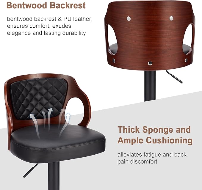 VECELO Bar Stools Set of 2,Adjustable Counter Height Stools with Bentwood Back,Armrest&Footrest,Swivel PU Leather Bar Chairs for Kitchen Island,Coffee Shop and Salon,Black,Quilted Elegance