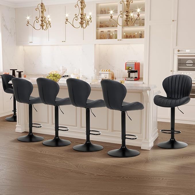 COLAMY Bar Stools Set of 3, Modern Swivel Bar Chairs, Adjustable Faux Leather Upholstered Barstools Counter Height with High Backrest for Bar, Kitchen Island, Dining Room, Black