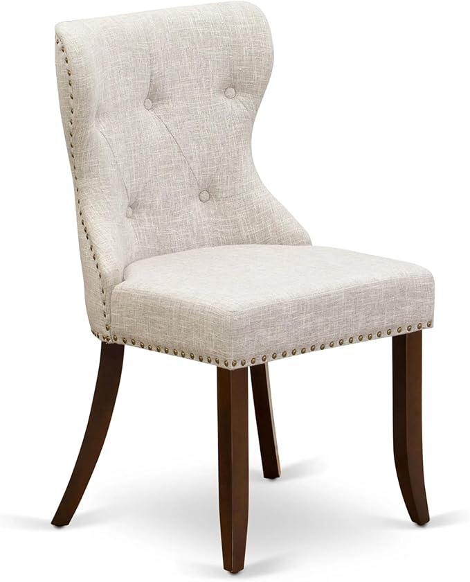 East West Furniture AMSI3-MAH-35 3 Piece Dining Room Table Set Contains a Round Kitchen Table with Pedestal and 2 Doeskin Linen Fabric Parson Dining Chairs, 36x36 Inch, Mahogany
