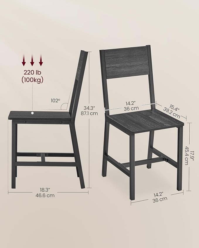 VASAGLE Dining Chair Set of 2, Rustic Wood Chairs with Metal Steel Frame, Easy to Assemble, Comfortable Seat, Modern Farmhouse Chair for Kitchen, Bedroom, Living Room, Charcoal Black and Ink Black
