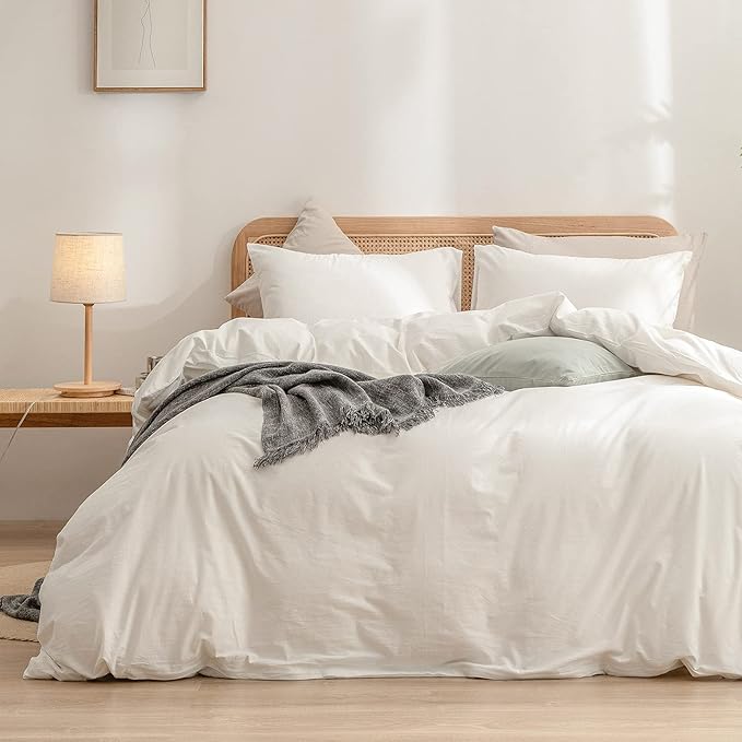 BESTOUCH Duvet Cover Set 100% Washed Cotton Linen Feel Super Soft Comfortable Chic Lightweight 2 PCs Home Bedding Set Solid Off White Twin/Twin XL