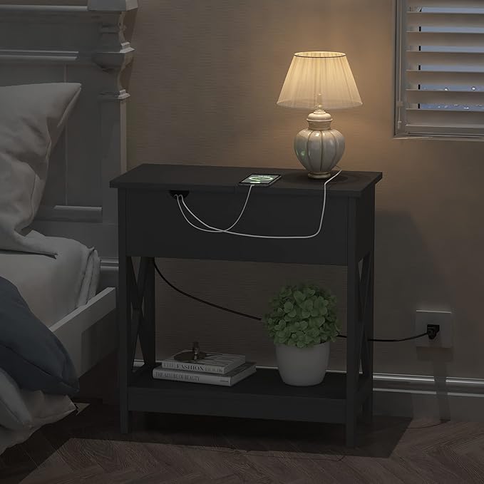 ChooChoo End Table with Charging Station, Narrow Flip Top Side Table with USB Ports & Power Outlets for Small Spaces, Bedside Table with Storage for Living Room, Bedroom, Black