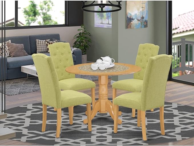 East West Furniture DLCE5-OAK-07 5 Piece Dining Table Set for 4 Includes a Round Kitchen Table with Dropleaf and 4 Limelight Linen Fabric Parson Dining Chairs, 42x42 Inch, Oak