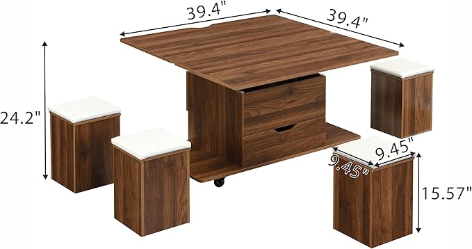 Merax Multi-Functional Lift-Top Coffee Table with Hidden Storage and Stools,Multi-Function Modern Center Table with 4 Stools and Casters,Perfect for Modern Living Spaces, Walnut & White