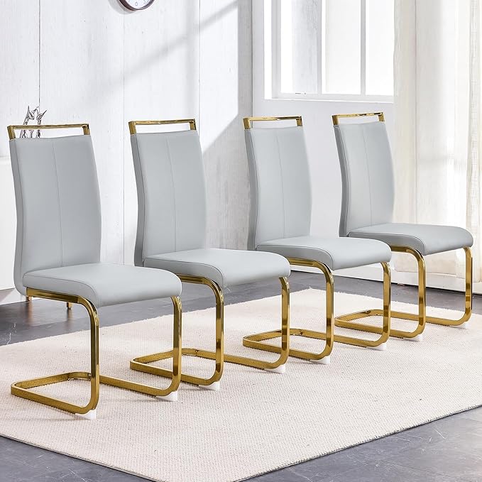 Modern Dining Chairs Set of 4,High Back Kitchen Chairs,Faux Leather Side Chair with Gold Plated Metal Legs,Easy to Clean Upholstered Dining Chairs,Ideal for Living Room(Gold Leg)