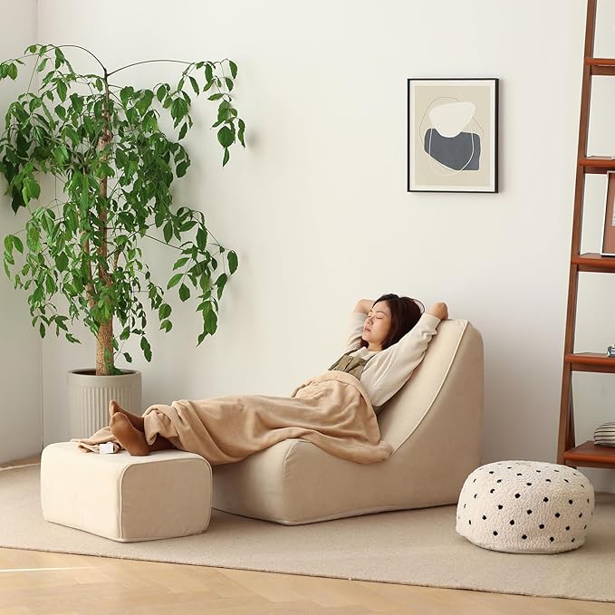 N&V Bean Bag Chair Single Seated Foam Sofa Armless Floor Sofa with High Density Foam Removable and Machine Washable Cover (Champagne, Large, No Stripes)