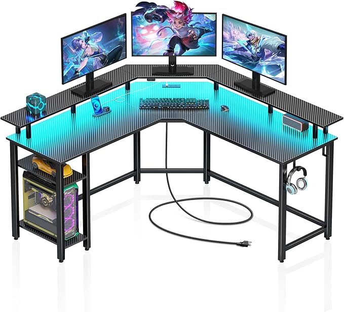 Rolanstar L Shaped Gaming Desk with LED Lights & Power Outlets, 53" Computer Desk with Full Monitor Stand & Storage Shelf, Corner Desk with Hooks, Carbon Fiber Desk Reversible