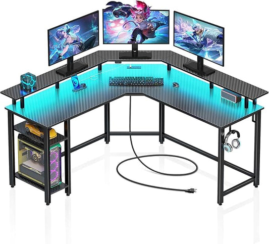 Rolanstar L Shaped Gaming Desk with LED Lights & Power Outlets, 53" Computer Desk with Full Monitor Stand & Storage Shelf, Corner Desk with Hooks, Carbon Fiber Desk Reversible