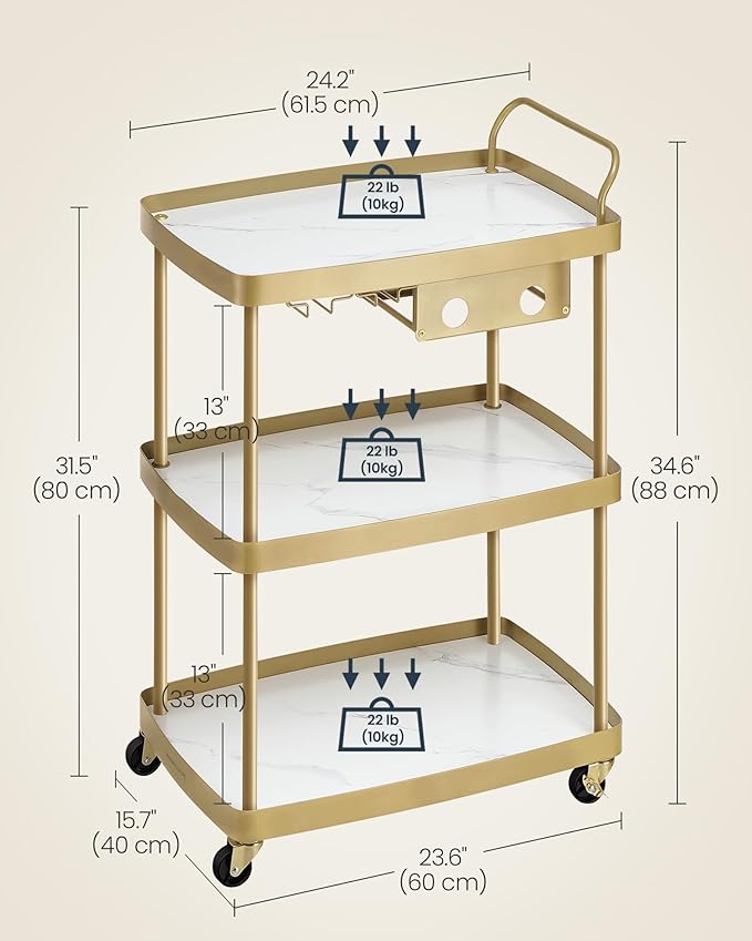 SONGMICS HOME Bar Cart, Home Bar Serving Cart with 3-Tier Shelf, Flexible Wine Bottle Rack and Glass Holder, Drink Beverage Cart, Microwave Cart, Kitchen, Marble White and Pale Gold ULRC291A02