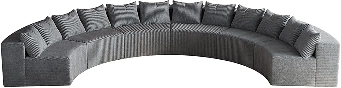 KEIKI Corduroy Curved Sectional Sofa, 6 Seater Symmetrical Modular Semi Circular Couch, Tufted Deep Seat Corner Sofa for Living Room, Lobby, Gray
