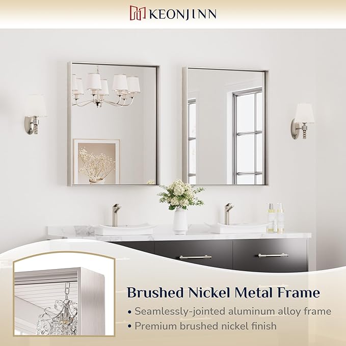 Keonjinn 24 x 32 in Brushed Nickel Bathroom Mirror for Wall, Silver Rectangular Metal Framed Vanity Mirror for Bathroom Sink Square Corner Aluminum Alloy Modern Rectangle Mirror(Horizontal/Vertical)