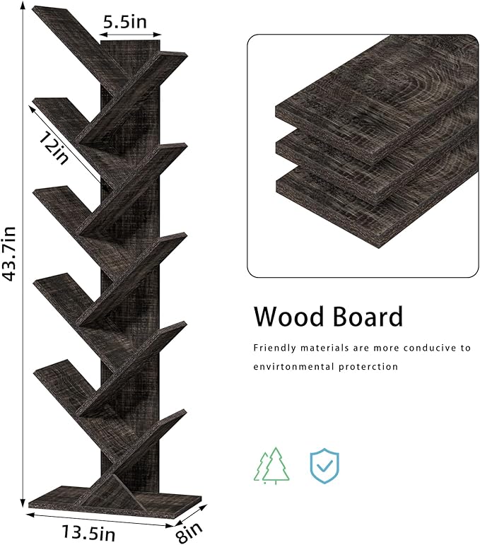 10 Tier Tree Book Shelf, Floor Standing Wood Bookshelf for Narrow Space, Storage Organizer Bookshelves for Books/CDs/Magazine, Bookcase with Shelves for Home Office, Living Room - Dark Grey
