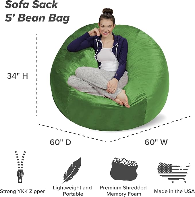 Sofa Sack Bean Bag Chair - Plush, Ultra Soft - Memory Foam Bean Bag Chair with Microsuede Cover - Stuffed Foam Filled Furniture and Accessories for Dorm Room 5 Feet - Lime