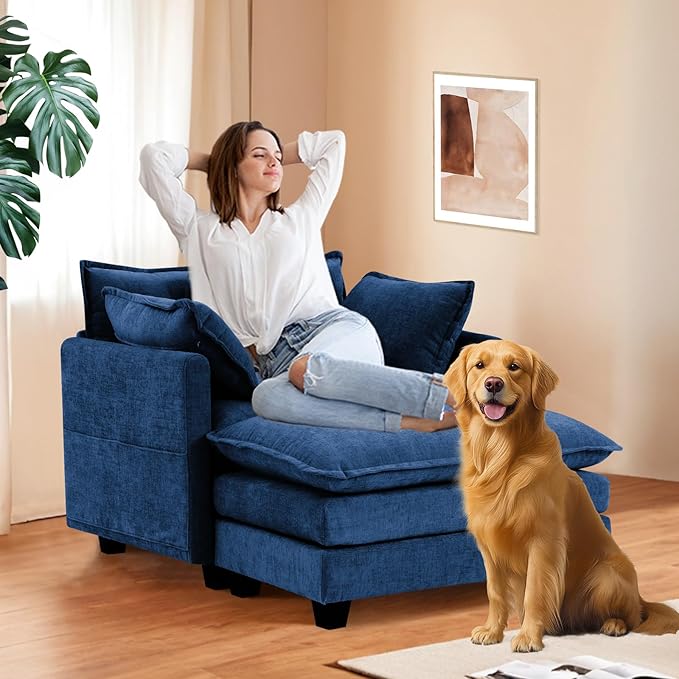 Furniliving Oversized Accent Chair with Ottoman, Luxury Chenille Single Sofa, Upholstered Deep Seat Chaise Lounge with Pillows for Living Room, Bedroom, Apartment, Blue
