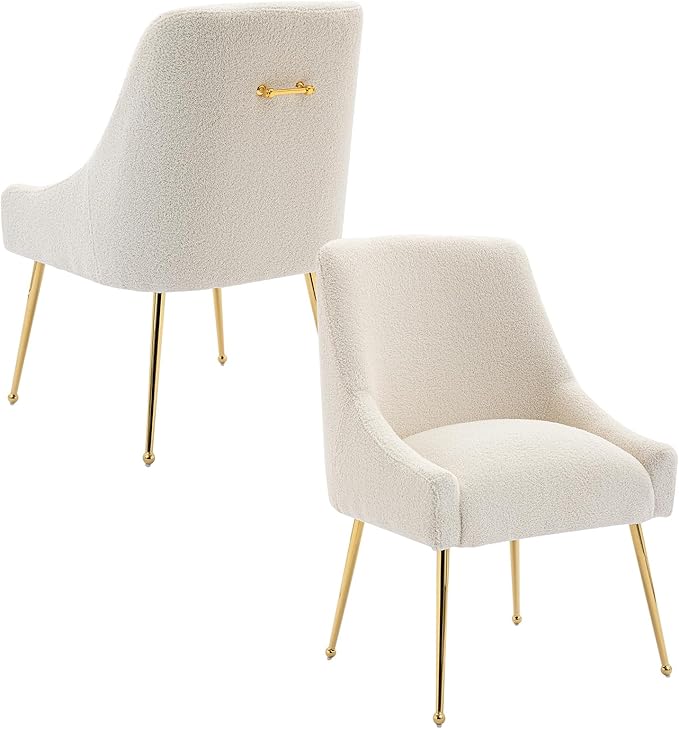Modern Velvet Dining Chairs Set of 4, Contemporary Upholstered Furniture Collection with Polished Gold Metal Legs, Elegant Accent Chairs for Kitchen Living Room(Teddy Fleece,Beige)