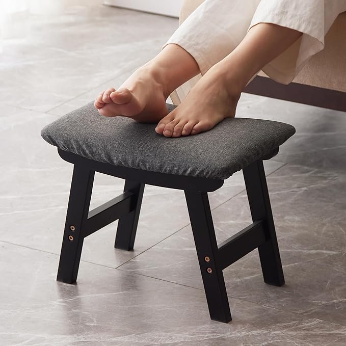 Foot Stool,Ottoman,Bamboo Small Sofa Foot Rest Under Desk,Extra Seating for Living Room, Bedroom and Kitchen (Black Stool Legs - Gray Surface)