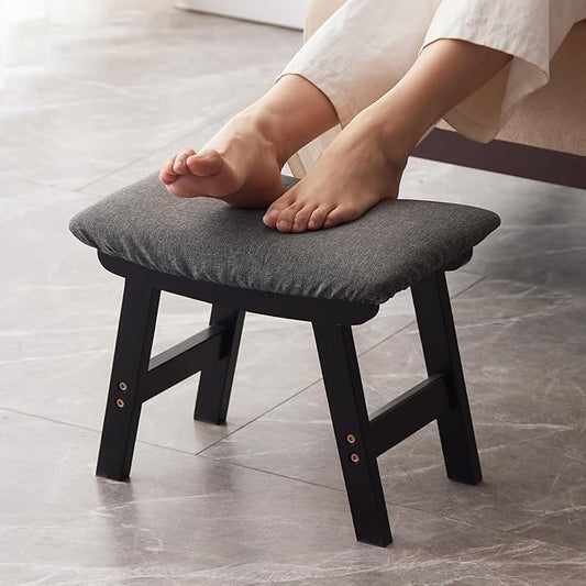 Foot Stool,Ottoman,Bamboo Small Sofa Foot Rest Under Desk,Extra Seating for Living Room, Bedroom and Kitchen (Black Stool Legs - Gray Surface)