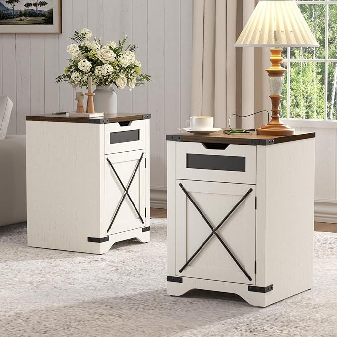 Farmhouse End Table with Charging Station, 26.4" Tall Rustic Nightstand with Drawer and X Barn Door, Antique White Country Bedside Sofa Side Table for Living Room