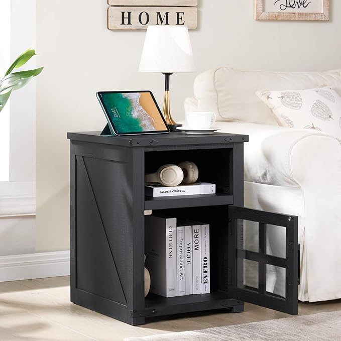 Farmhouse Nightstand with Charging Station, Rustic End Table with Tempered Glass Barn Door, Wood Sofa Side Bedside Table with Open Storage Shelf for Living Room, Bedroom, Black, 2 Pack
