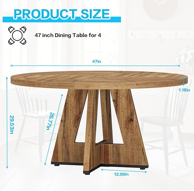 47" Round Dining Table for 4-6, Modern Dinner Table Farmhouse Round Small Kitchen Tables with Wooden Cross Base for Dining Room, Kitchen, Living Room, Retro Brown