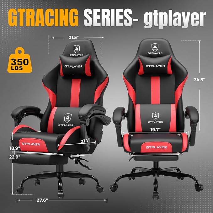 GTRACING Gaming Chair with Foot Rest & Pocket Spring Cushion, Ergonomic High Back Computer Chair with Headrest & 360°-Swivel Seat for Home Office Desk, PU Leather, Red