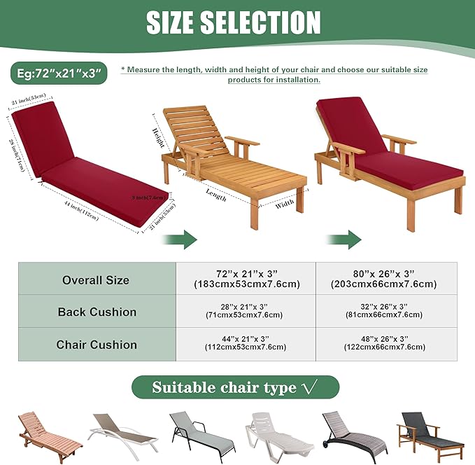 Chaise Lounge Cushions Outdoor - Waterproof and Fade Resistant Sun Lounger Replacement Cushions - Patio Lounger Pads with Removable Cover for Pool, Deck, Lawn, 72 x 21 x 3 Inch, Red