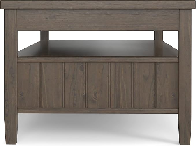 SIMPLIHOME Lev Lift Top Coffee Table - 48 inch Wide Solid Wood Rectangle Living Room Table in Smoky Brown, Transitional Cocktail Table for Family Room with Hidden Storage and Open Shelf