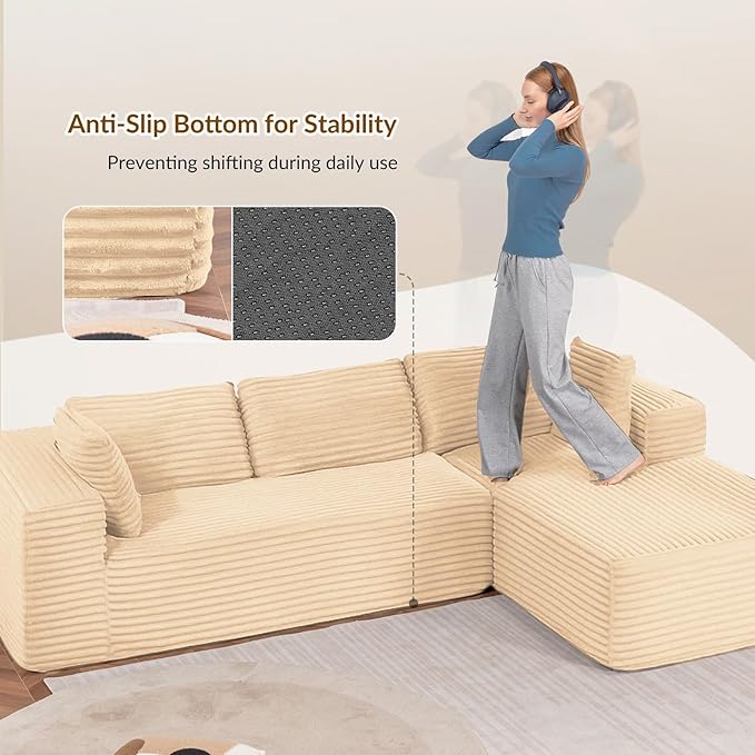 COMHOMA 105”Modular Sectional Sofa with Deep Seat,Cloud Upholstered L-Shape Couch Wide Arms Corduroy Fabric High-Density Foam Chaise Lounge for Living Room No Assembly Required