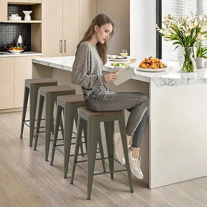 30 inch Backless Bar Stools Set of 4, Indoor Metal Bar Stools with Wood Seat, Industrial Counter Height Barstools for Kitchen Island, Rusty