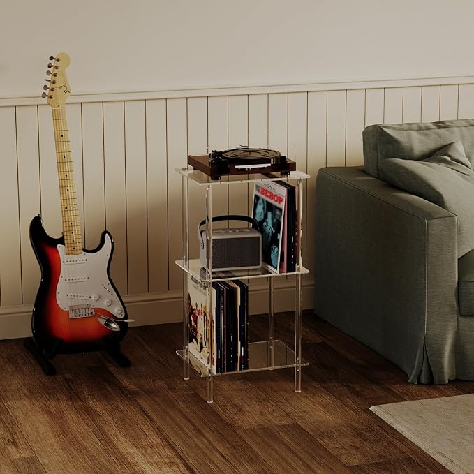 HMYHUM Acrylic Record Player Stand, Turntable Stand with Vinyl Record Storage, Tall Side Table/End Table for Living Room, Bedroom, 3-Tier, Modern, 15.7" L x 11.8" W x 30.8" H, Clear