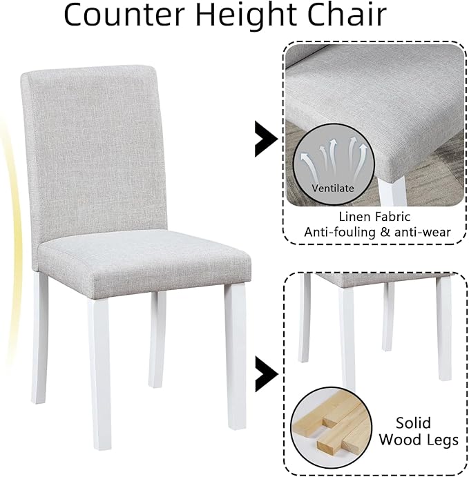 Dining Table Set for 4, 5-Piece Dining Room Table Set with Rectangular Crystal Decoration Table & 4 Upholstered Backrest Chairs, Counter Height Kitchen Sets with MDF Tabletop, White