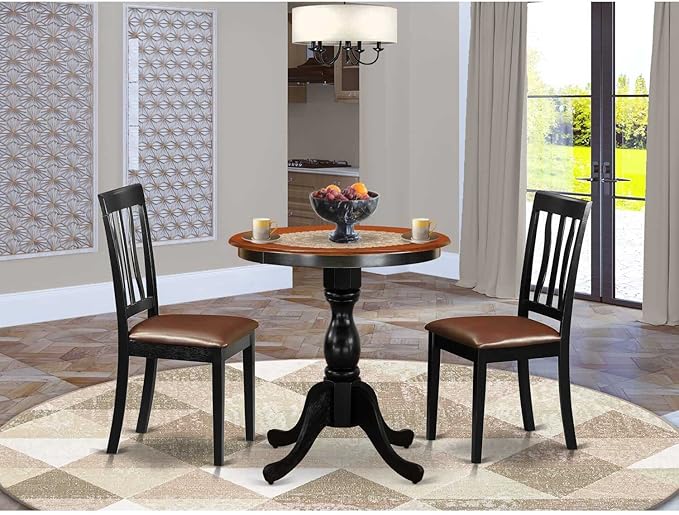 East West Furniture ESAN3-BCH-LC 3 Piece Kitchen Table & Chairs Set Contains a Round Dining Room Table with Pedestal and 2 Faux Leather Upholstered Dining Chairs, 30x30 Inch, Black & Cherry