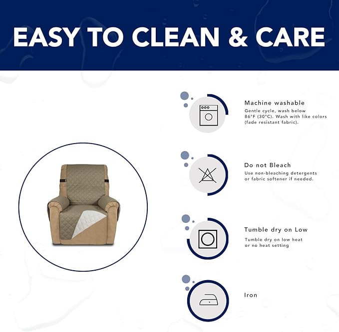 PureFit Reversible Sofa Cover Water Resistant Recliner Couch Cover, Machine Washable Furniture Cover with Adjustable Strap for Dogs, Pets (Recliner, Beige/Ivory)
