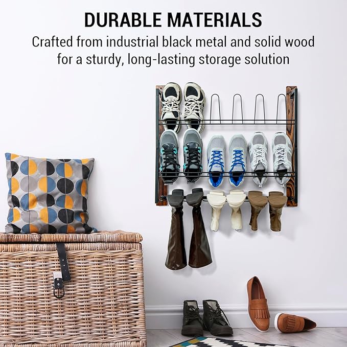 MyGift Premium Black Metal Hanging Wall Shoe Rack for Walk in Closet, Mudroom and Entryway, Wall Mounted Space Saving Boot and Shoe Rack Organizer, Holds 9 Pairs (Solid Wood, 9 Pairs)
