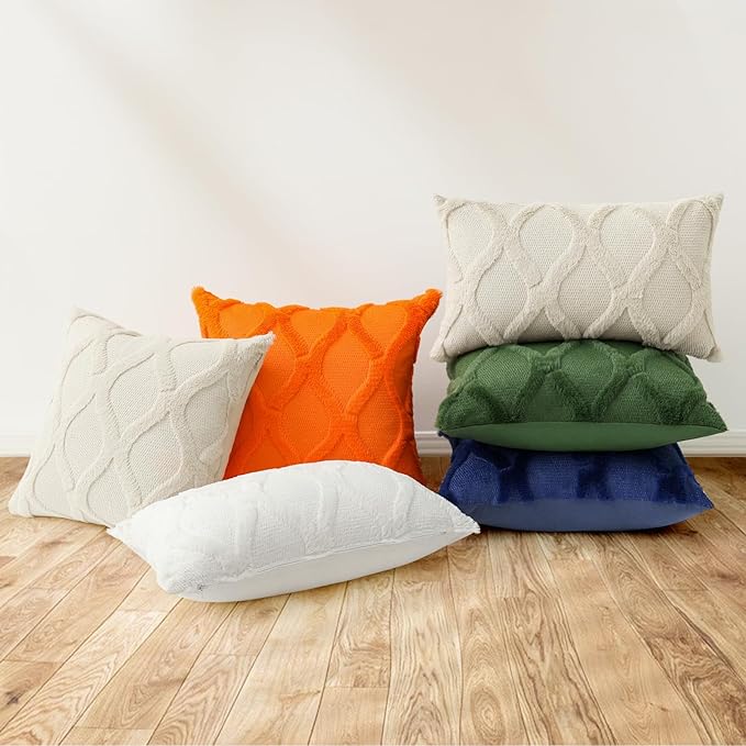 decorUhome Fall Throw Pillow Covers 24x24 Inch Set of 2, Soft Plush Faux Fur Wool Orange Couch Pillow Covers, Decorative Neutral Pillow Cases for Bed Sofa Living Room Home Decor