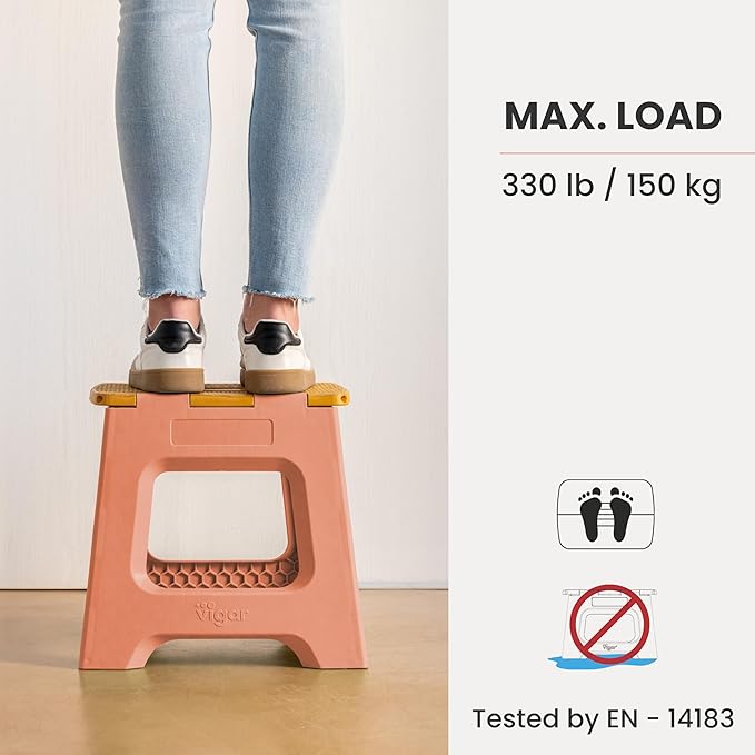 Vigar Compact Step Stool Foldable, 12-1/2-inch Step Stools for Adults up to 330 Pound, Lightweight Stool, Non-Slip Folding Step Stool, Sunrise Orange, Bamboo Print on Top