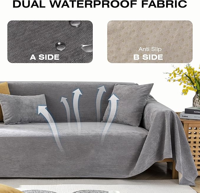 STACYPIK Waterproof Gray Couch Cover for Dogs, Non-Slip Sofa Covers for 3 Cushion Couch,Washable Sectional Cover for L-Shaped, Anti-Scratch Loveseat Cover, Pet-Friendly Furniture Protector-71X134IN