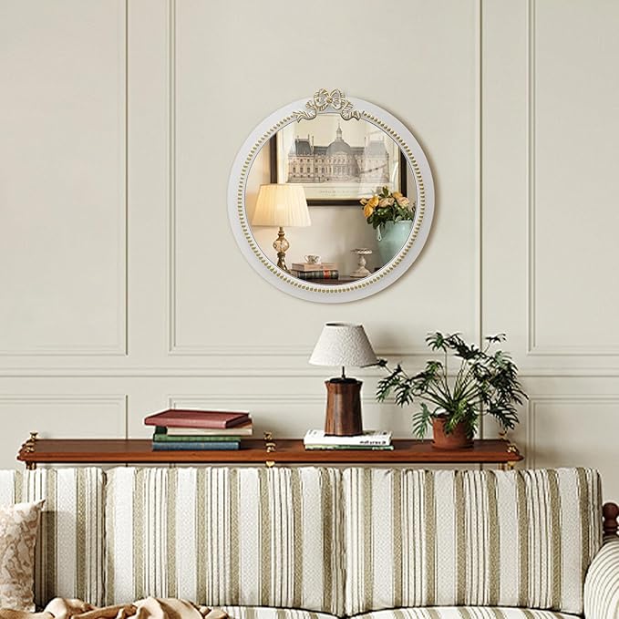 Vintage Round Wall Mirror 20inch Farmhouse Wooden Vanity Mirror for Wall Decor, Decorative Antique White Bathroom Mirrors, Traditional Art Home Bow Decor for Dressing Table, Living Room or Bedroom