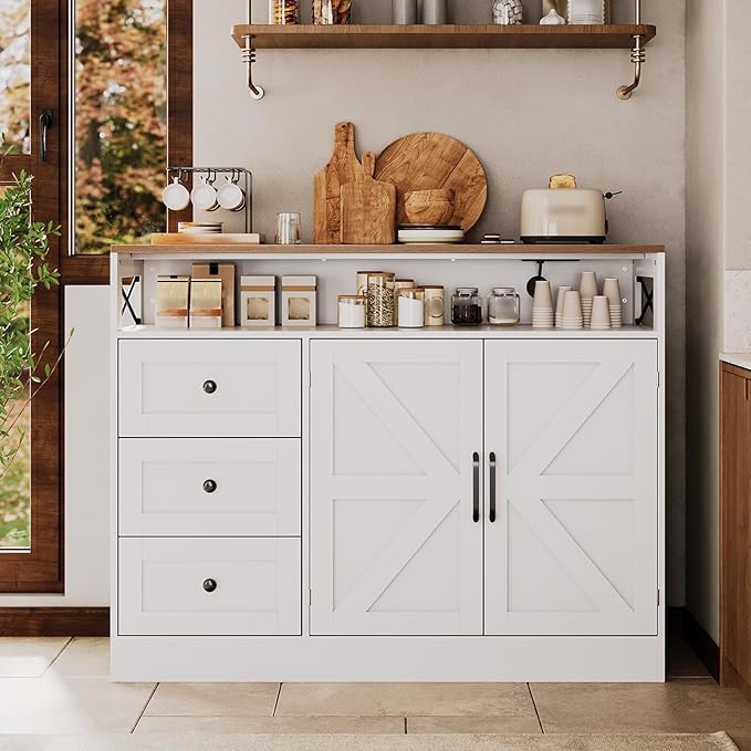 Buffet Cabinet Sideboard with Storage, 47" Farmhouse Coffee Bar Kitchen Buffet Storage Cabinet with 3 Drawers, Adjustable Shelves and Doors, Wood Kitchen Table for Dining Room Furniture