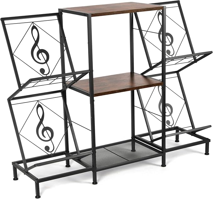 Record Player Stand with Vinyl Record Storage, Turntable Stand with 4-Tier Vinyl Display Shelf & Metal Frame, Record Holder for Living Room, Rustic Brown