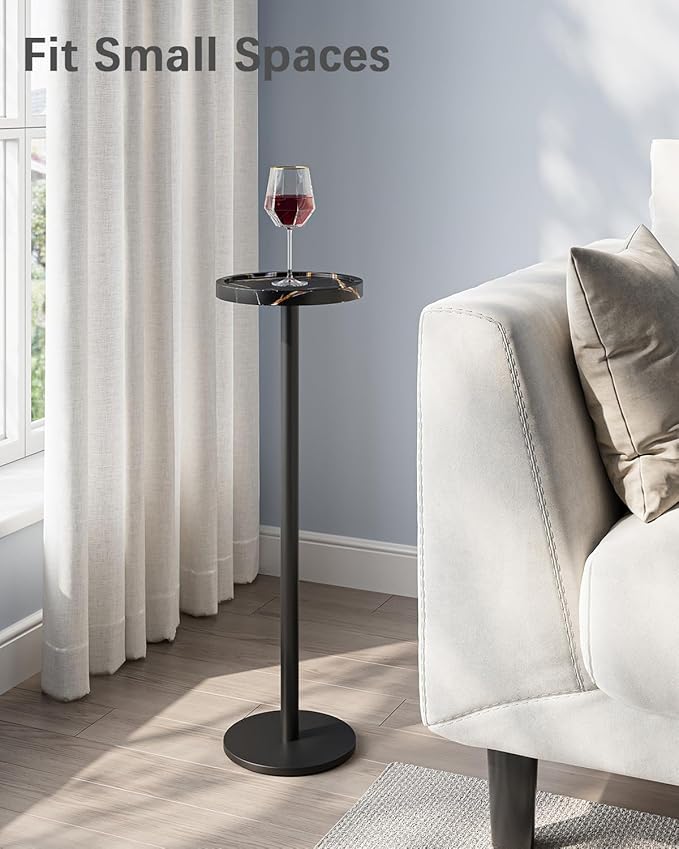 Drink Table, Small Pedestal Side Table, Round Cocktail Table, Circle End Table with Metal Base, for Small Spaces, Faux Marble, Black