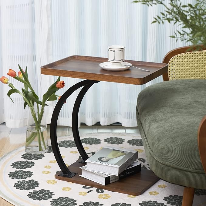 C Shaped 2tier Large Tray Wood top Heavy Duty Side end Table Large TV Tray for Couch Sofa Double Bent Tubes 2